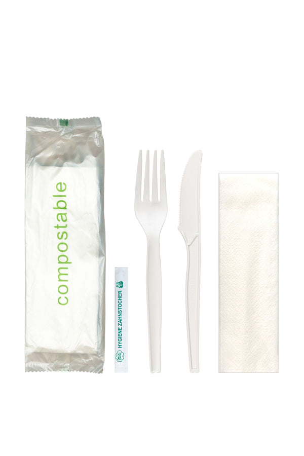BIO Bestecksets aus CPLA, wiederverwendbar, weiß, ca. 17cm, 50 Sets