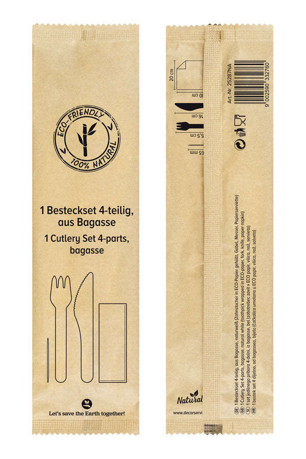 Bestecksets 4-teilig, aus Bagasse, naturweiß, 22cm, 25Sets