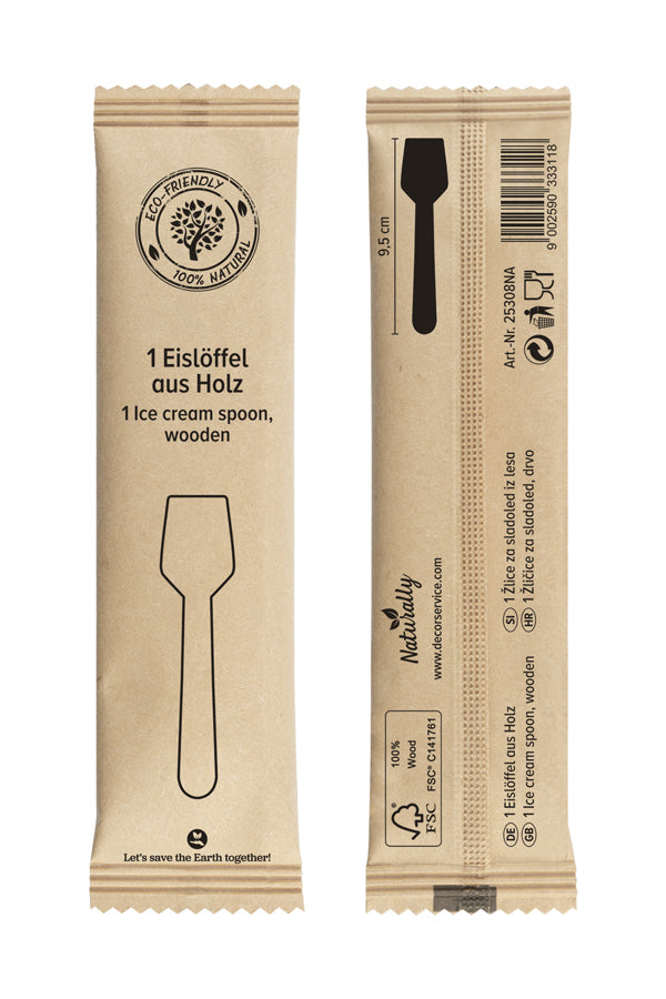 Eislöffel aus Holz, in Papier gehüllt, 9.5cm, 50 Stk.
