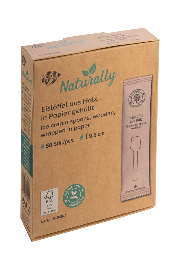 Eislöffel aus Holz, in Papier gehüllt, 9.5cm, 50 Stk.