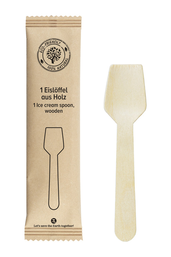 Eislöffel aus Holz, in Papier gehüllt, 9.5cm, 50 Stk.