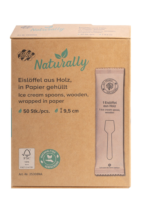 Eislöffel aus Holz, in Papier gehüllt, 9.5cm, 50 Stk.