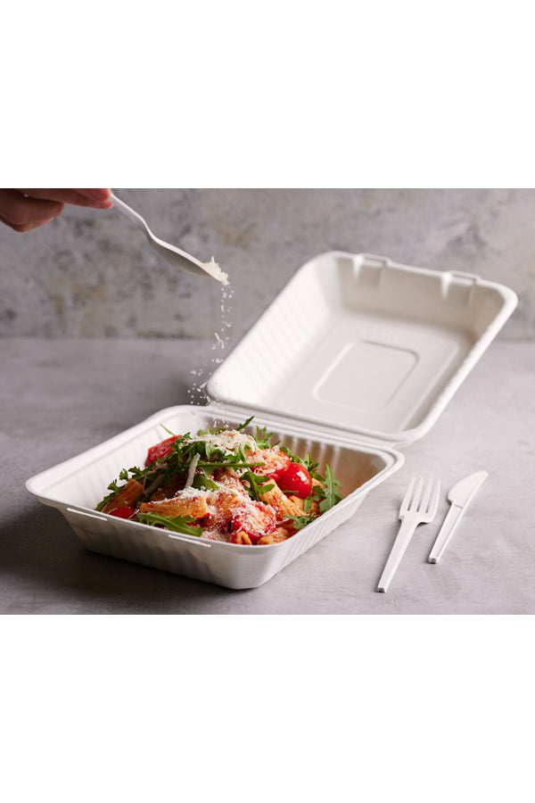 Menüboxen aus Bagasse, naturweiß, 22x20cm, 25Stk.