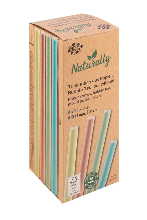 Trinkhalme aus Papier, Bubble Tea, pastellbunt, Ø12mm, 21cm, 50 Stk.