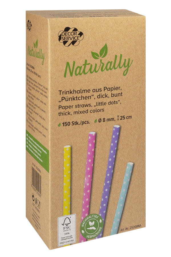 Trinkhalme aus Papier „Pünktchen“, dick, bunt, Ø8mm, 25cm, 150 Stk.