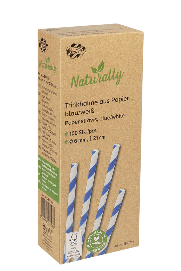 Trinkhalme aus Papier, blau gestreift, Ø6mm, 21cm, 100 Stk.