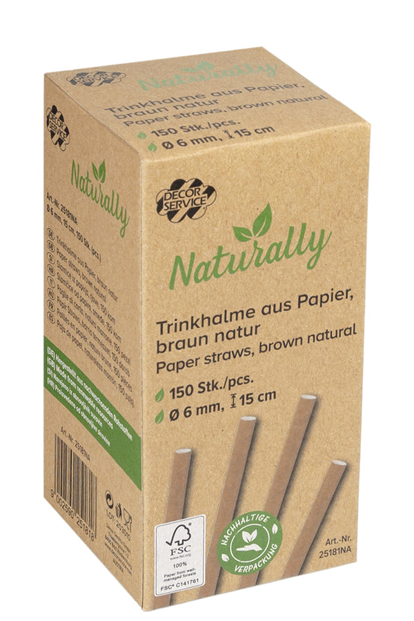 Trinkhalme aus Papier, braun natur, Ø6mm, 15cm, 150 Stk.