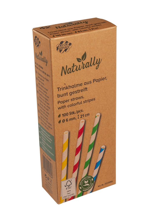 Trinkhalme aus Papier, bunt gestreift, Ø6mm, 21cm, 100 Stk.