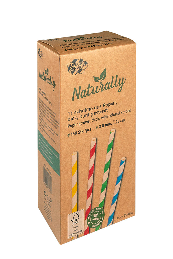 Trinkhalme aus Papier, dick, bunt gestreift, Ø8mm, 25cm, 150 Stk.