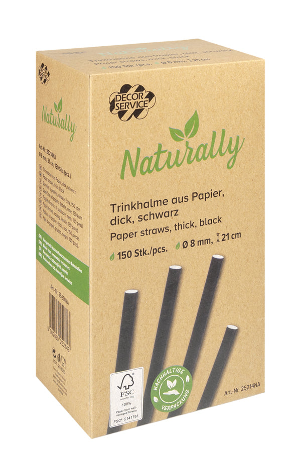Trinkhalme aus Papier, dick, schwarz, Ø8mm, 21cm, 150 Stk.