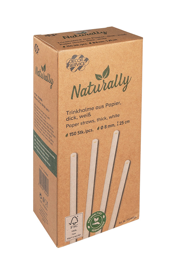 Trinkhalme aus Papier, dick, weiß, Ø8mm, 25cm, 150 Stk.