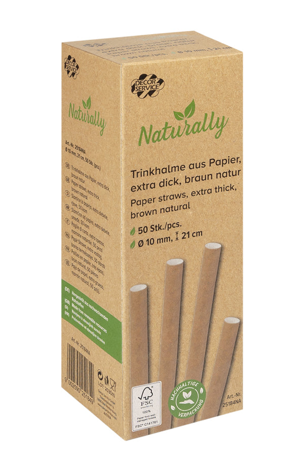 Trinkhalme aus Papier, extra dick, braun natur, Ø10mm, 21cm, 50 Stk.