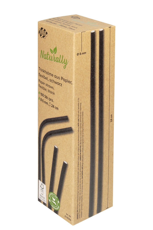 Trinkhalme aus Papier, flexibel, schwarz, Ø6mm, 24cm, 100 Stk.