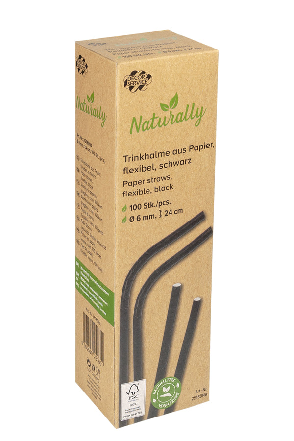 Trinkhalme aus Papier, flexibel, schwarz, Ø6mm, 24cm, 100 Stk.