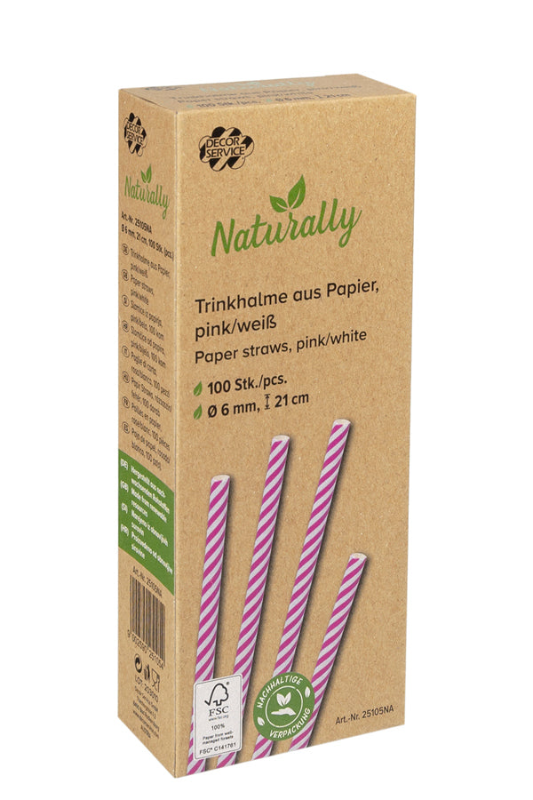 Trinkhalme aus Papier, pink gestreift, Ø6mm, 21cm, 100 Stk.