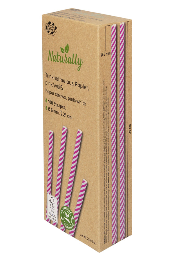 Trinkhalme aus Papier, pink gestreift, Ø6mm, 21cm, 100 Stk.