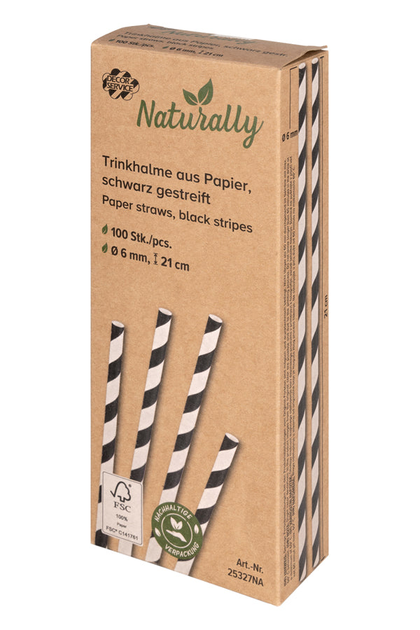 Trinkhalme aus Papier, schwarz gestreift, Ø6mm, 21cm, 100 Stk.