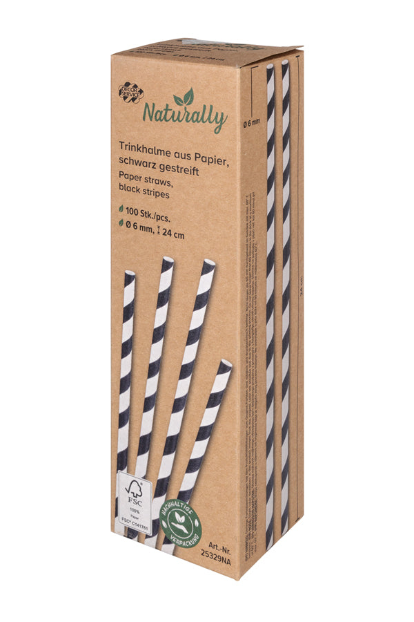 Trinkhalme aus Papier, schwarz gestreift, Ø6mm, 24cm, 100 Stk.