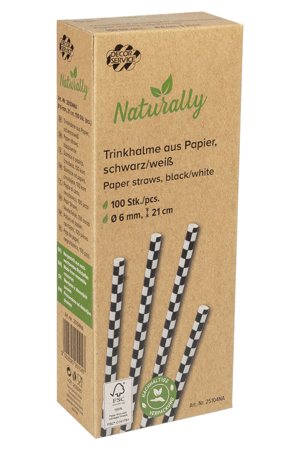 Trinkhalme aus Papier, schwarz kariert, Ø6mm, 21cm, 100 Stk.