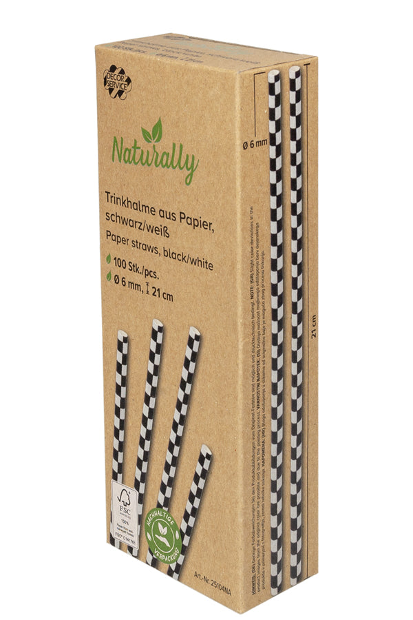 Trinkhalme aus Papier, schwarz kariert, Ø6mm, 21cm, 100 Stk.