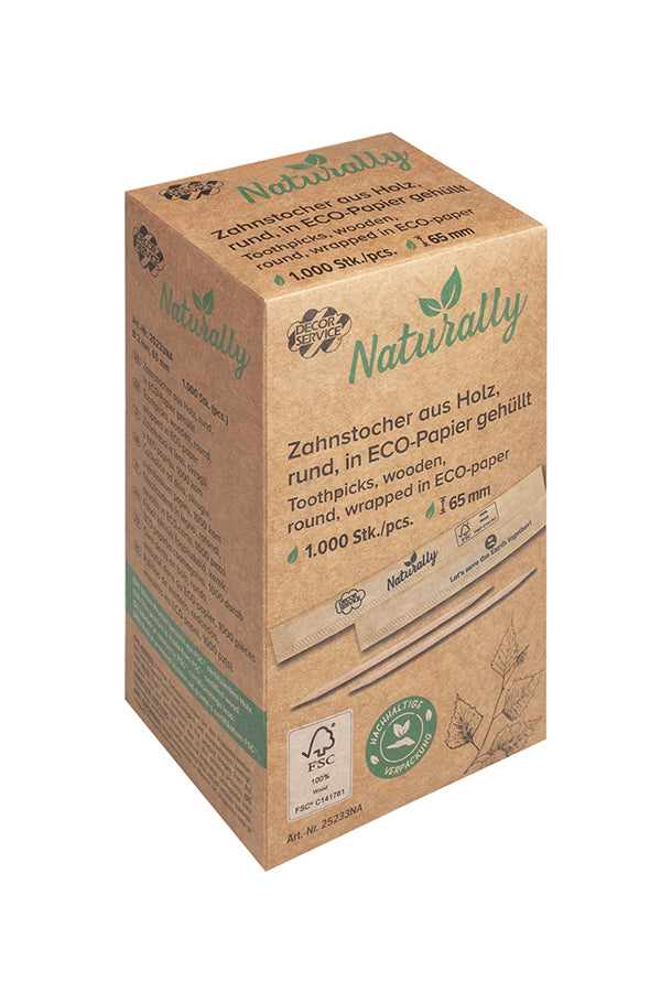 Zahnstocher aus Holz, rund, in ECO-Papier gehüllt, Ø2mm, 65mm, 1000 Stk.