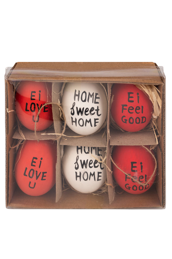 Ostereier "Statement", Naturecht, rot/weiß/rot, 6 cm, 6 Stk