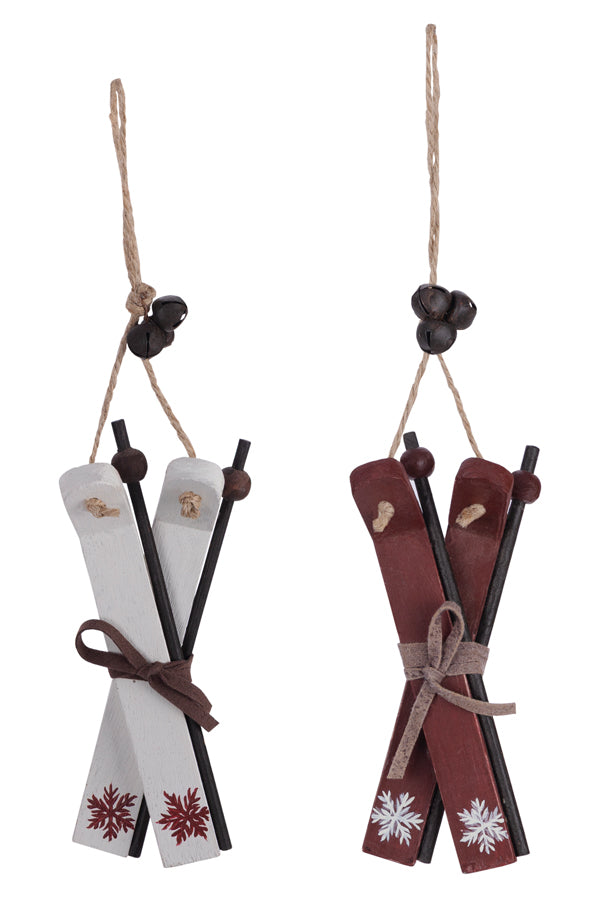 Christbaumdekor "Ski", Holz, weinrot/weiß, 13cm, 2 Paar