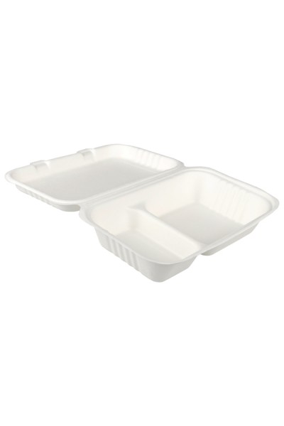 Menüboxen 2-geteilt aus Bagasse, naturweiß, 25x16cm, 25Stk.