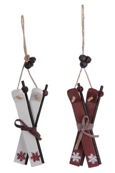 Christbaumdekor "Ski", Holz, weinrot/weiß, 13cm, 2 Paar