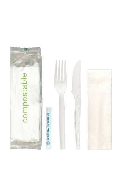 BIO Bestecksets aus CPLA, wiederverwendbar, weiß, ca. 17cm, 50 Sets